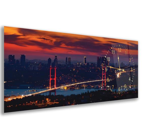 Saatli İstanbul Gece Cam Tablo